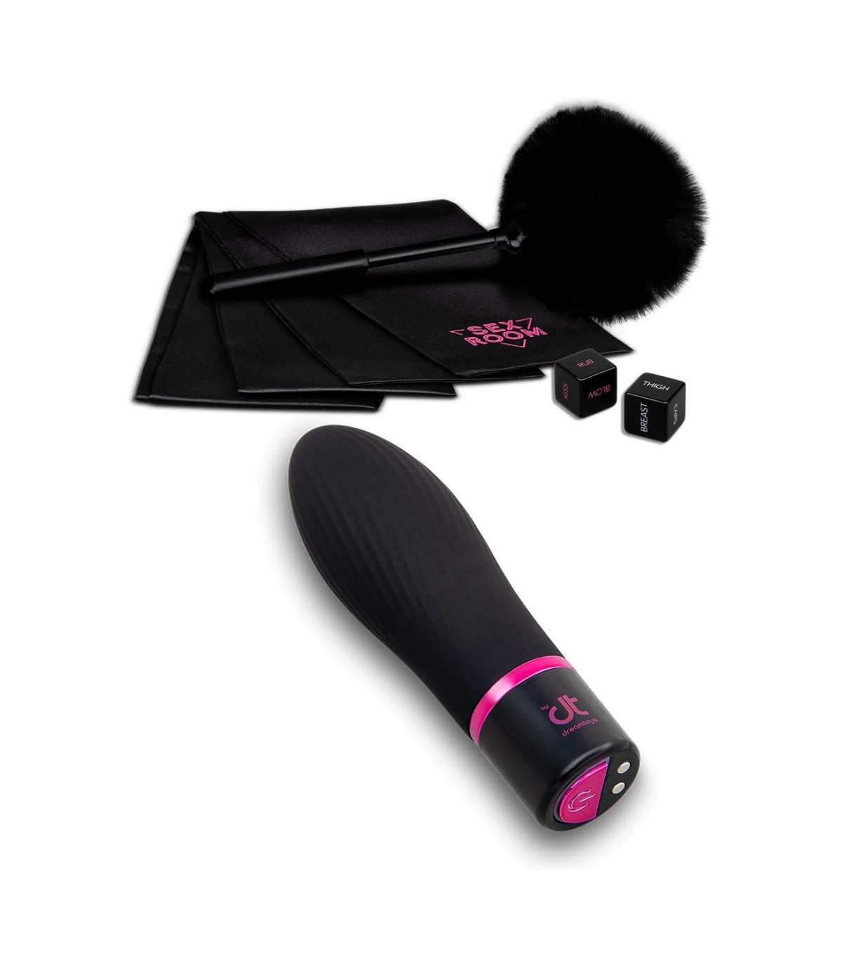 sex-room-vibe-kit kit erotico vibe de sex room con vibrador, venda, dados y plumero