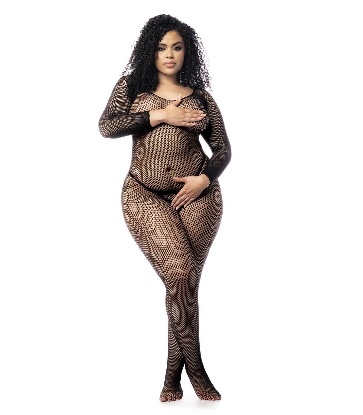 mod-1102x-long-sleeved-fishnet-bodystocking-black-osx bodystocking mod. 1102 de rejilla y manga larga en color negro talla única plus size de la marca Mapalé